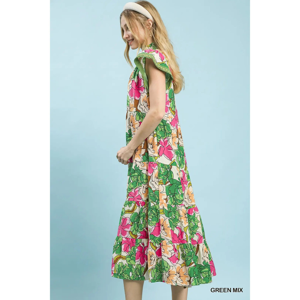 Umgee Mix Bold Floral Tiered Midi Dress - Picture 3 of 5